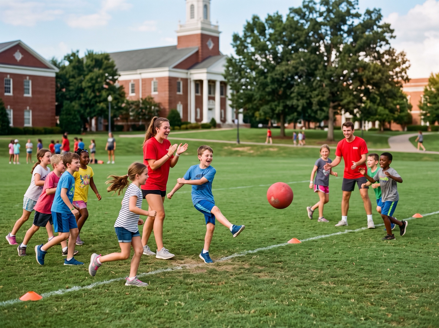 Kids playing kickball with counselors on a college campus at Rec Camp